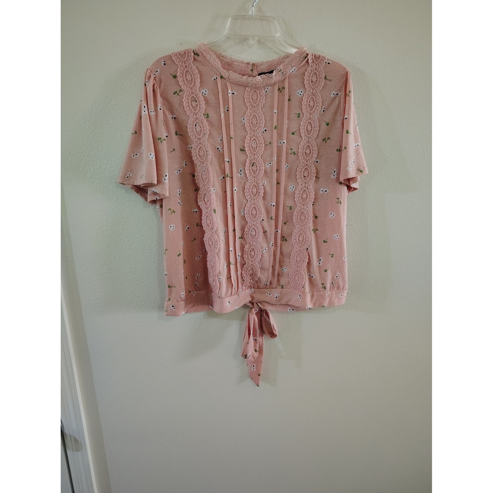 Luna Moon Pink Floral Lace Trim Tie Front Blouse Short Sleeve Plus Size 2XL